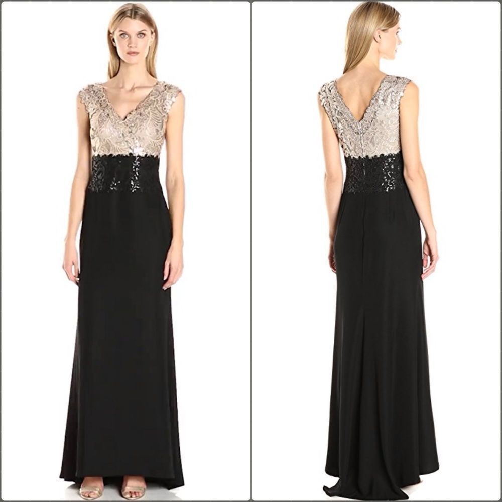 Tadashi Shoji Sequin/Crepe-2-Tone-Double V-Neckline-Slvls Gown